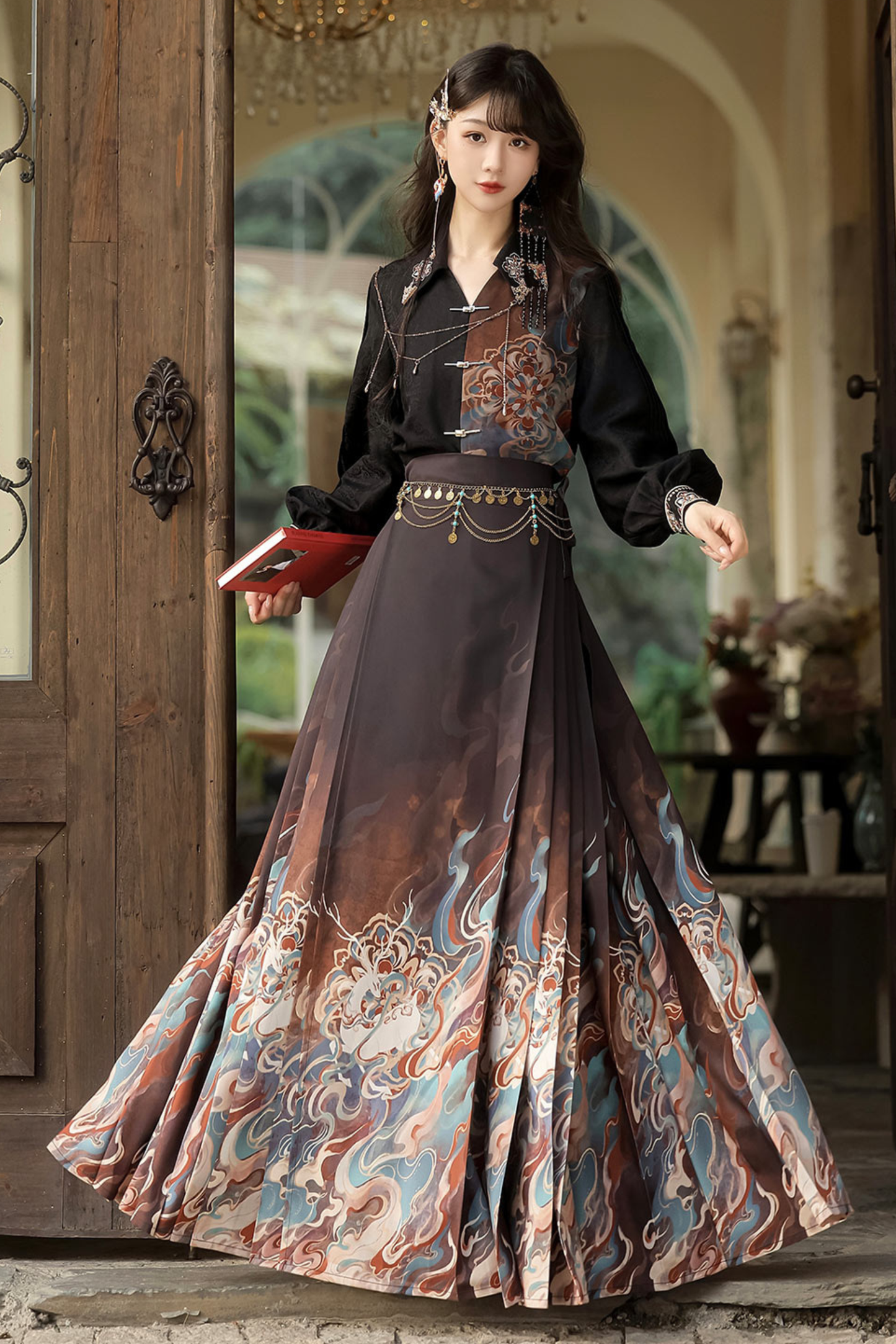 Dark chic retro top + long skirt