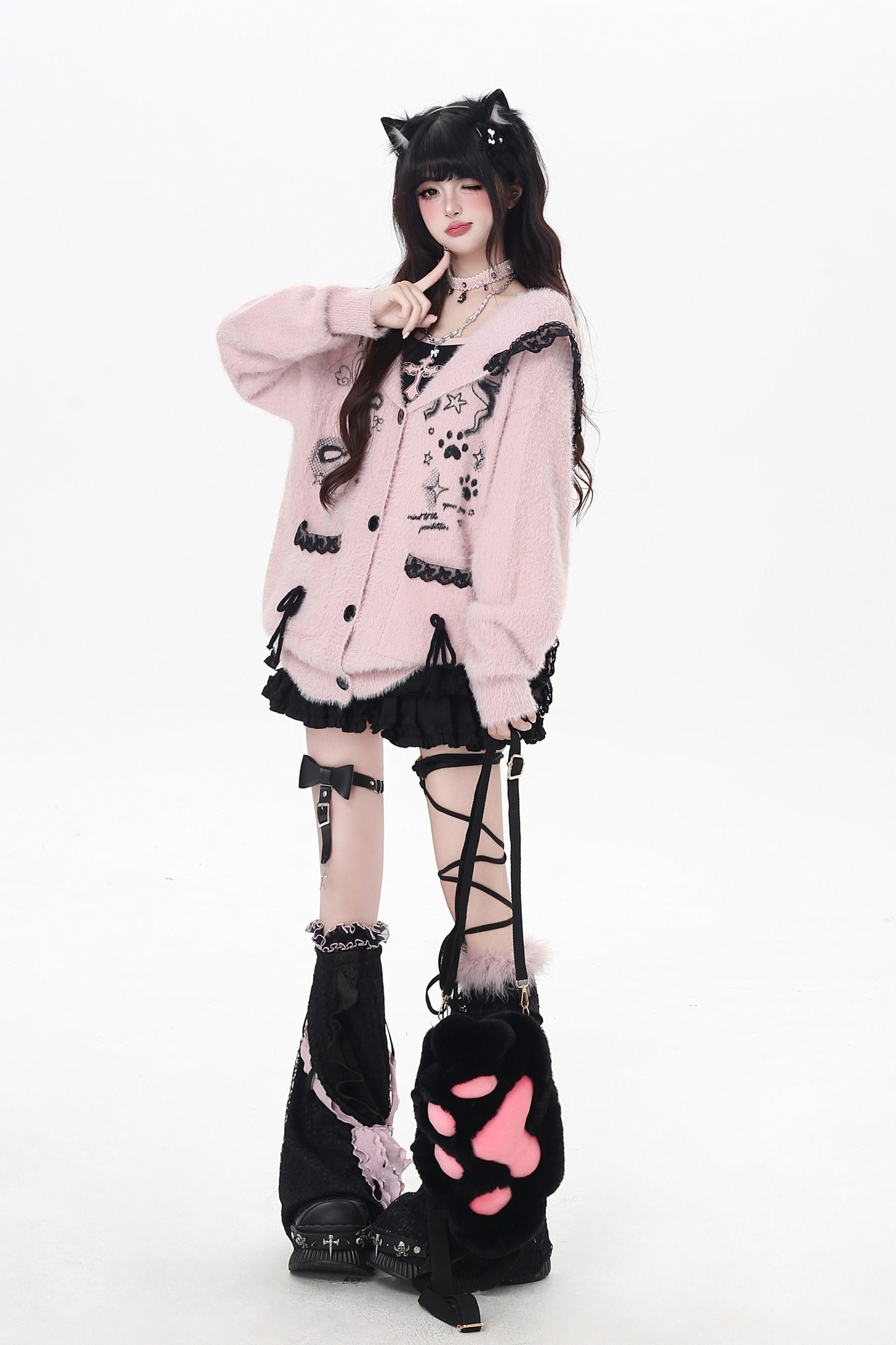 Lace hooded cardigan with rabbit ears