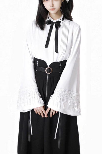 ダークモードスクエアネックカーディガン+シャツ+ロングスカート