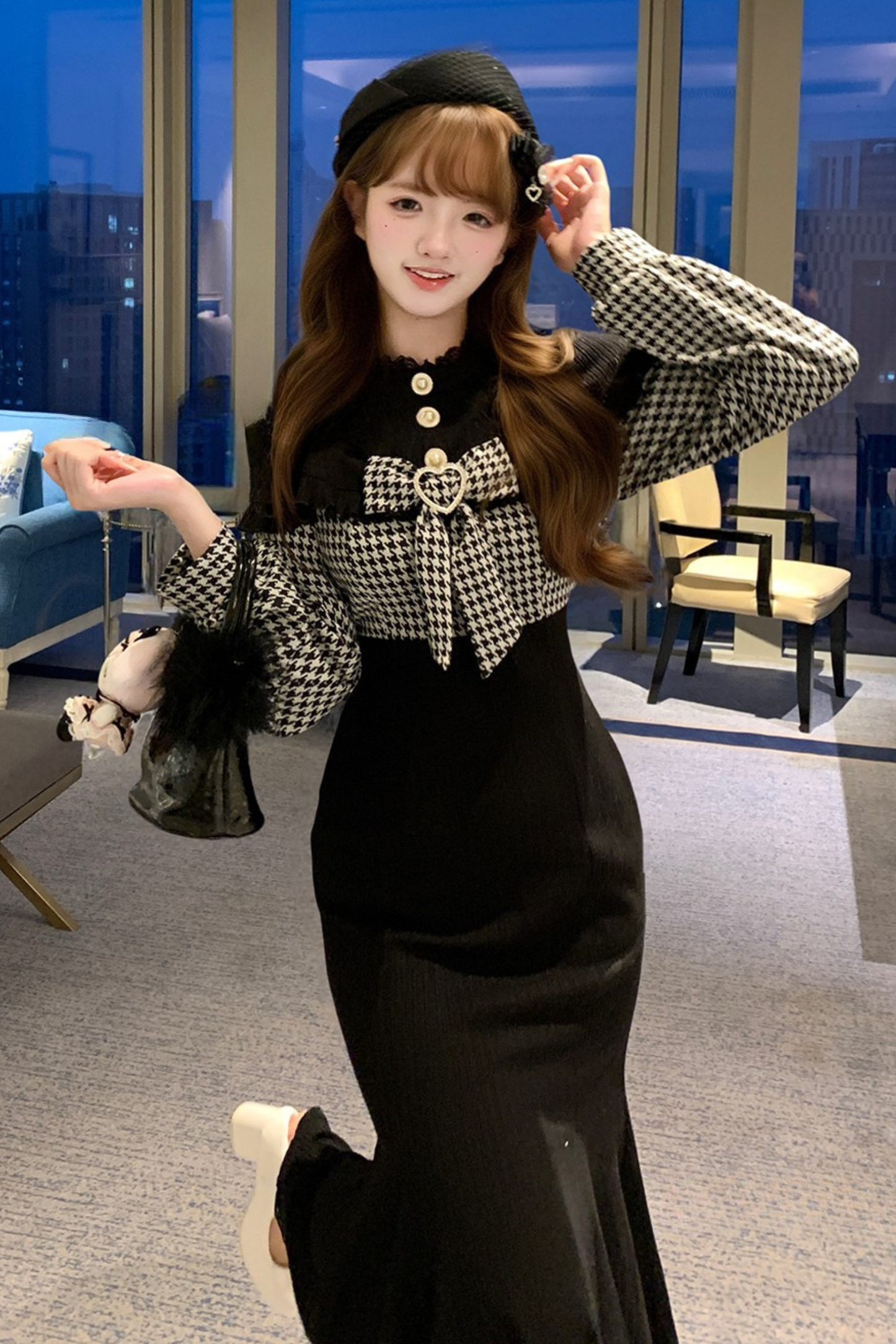 Chidori Plaid Dark Off-the-shoulder Dress