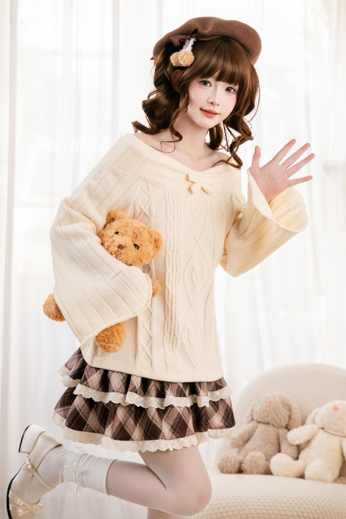 ケーブルオフショルダーニットトップス