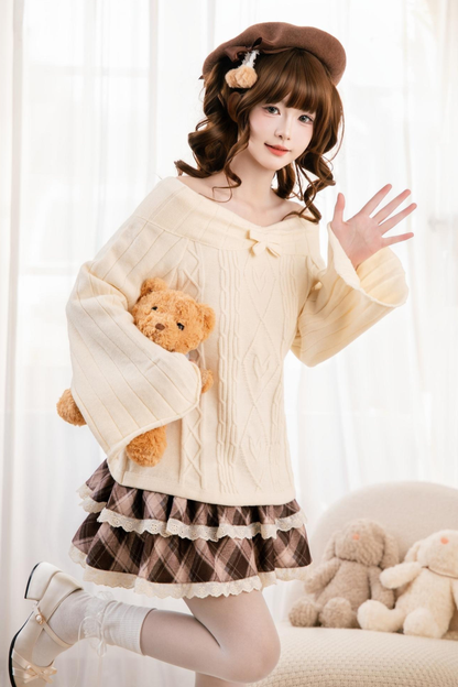 ケーブルオフショルダーニットトップス