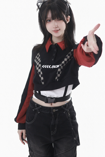 チェッカーボードオートバイジャケット+スウェット+デニムパンツ