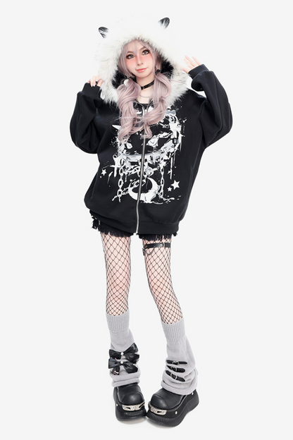 Dark Velvet Fur Cat Hooded Hoodie