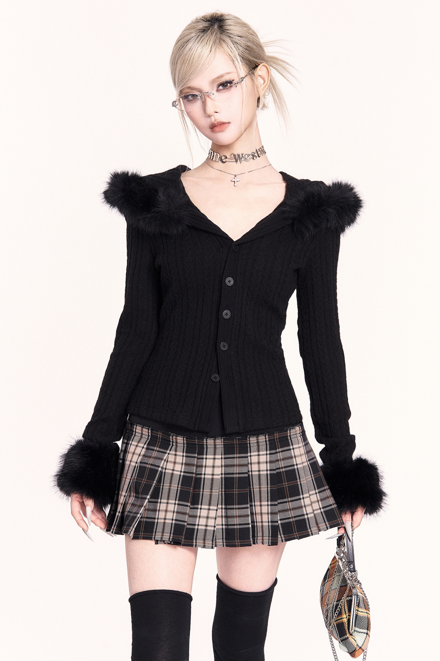 モードファーフードニットジャケット