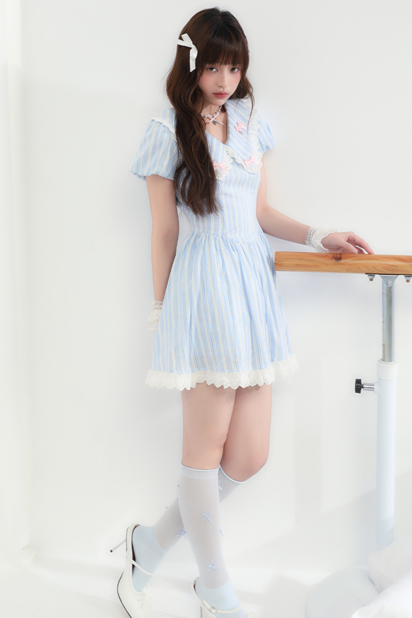 Lace Ribbon Blue Striped Dress