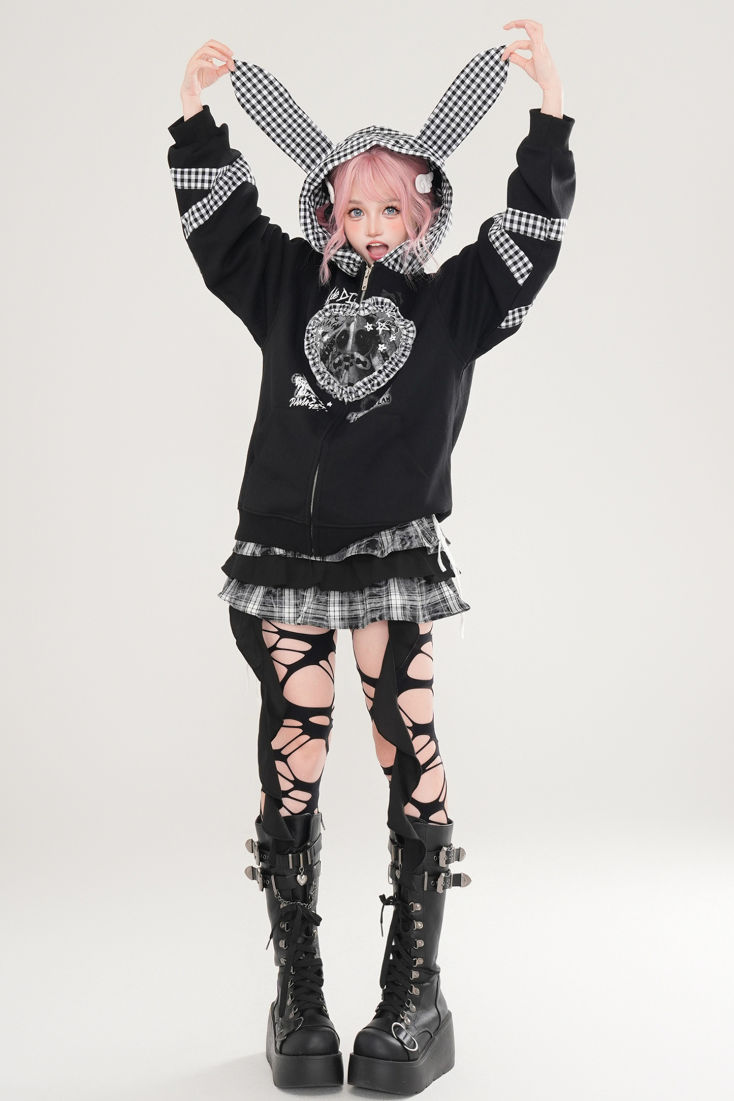 Rabbit Ear Check Hooded Cardigan