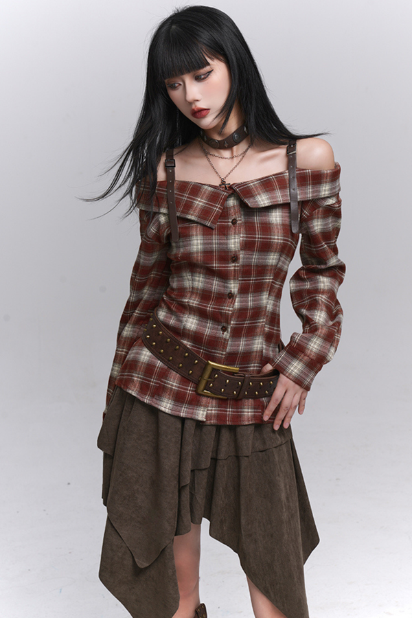 Y2K Checked Off-the-shoulder Shirt