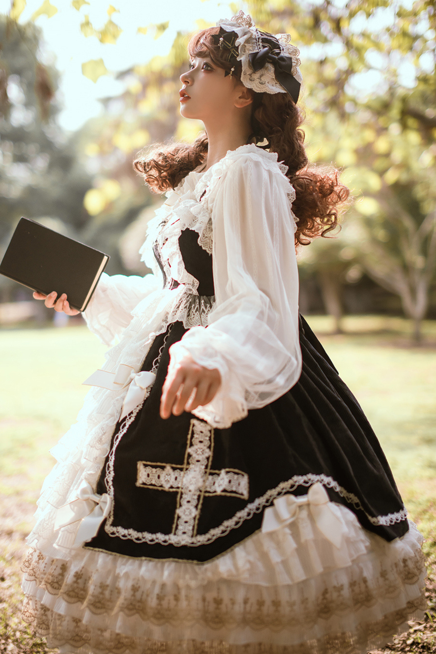 ゴシックドールレースジャンパースカート+ベイビーキャップ+ヘアバンド+ショール