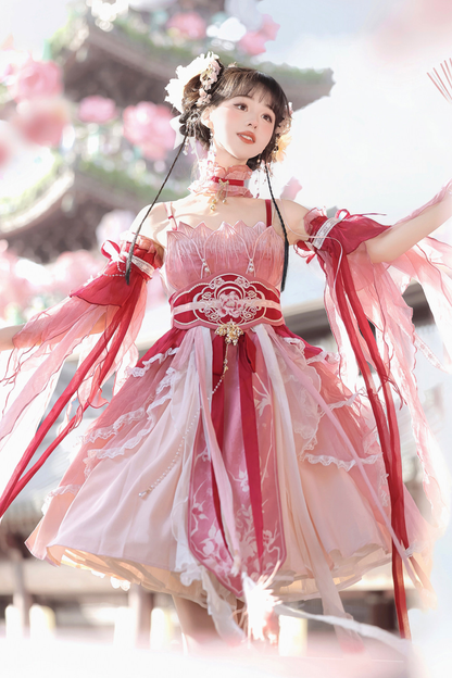 中国风印花羽毛连衣裙+羽毛袖+腰带