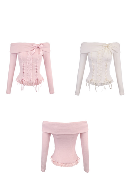 [Reservations] Ribbon pull shoulder sweet girly knit