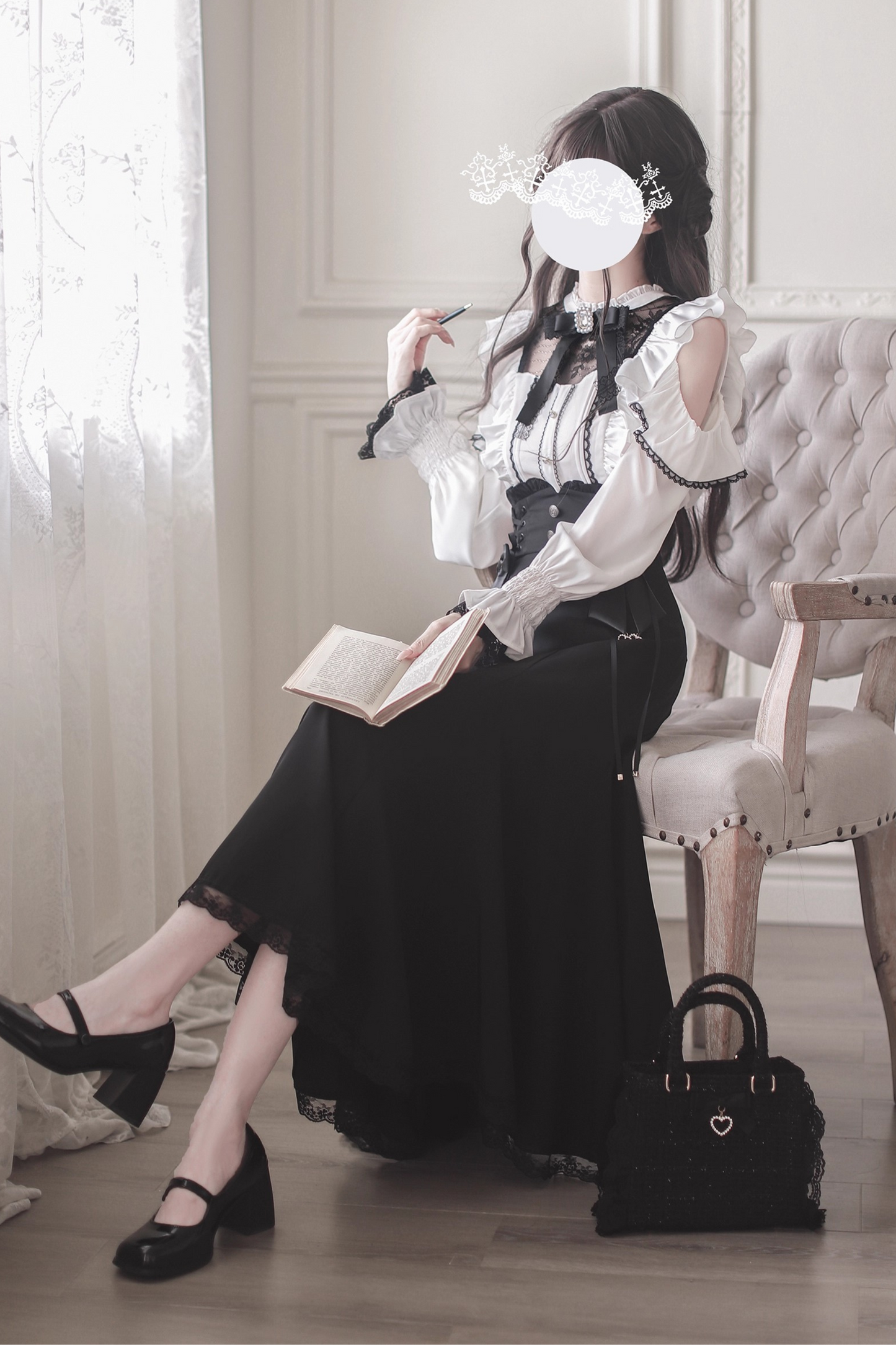 リボンオフショルシャツ+エレガントマーメイドスカート