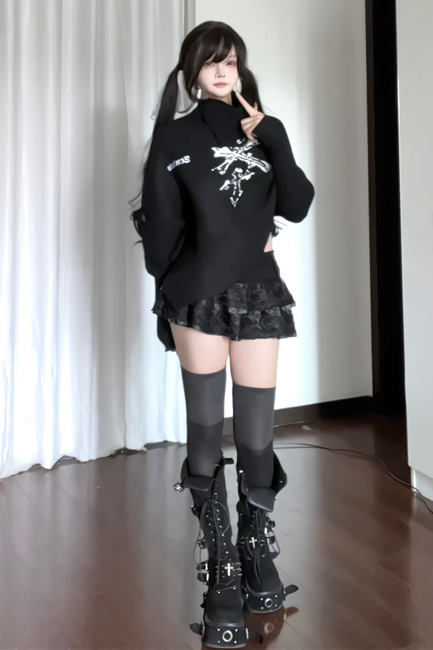 High Neck Letter Print Dark Top