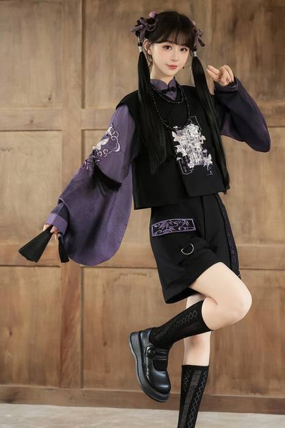 Dark china top + vest + shorts + necklace
