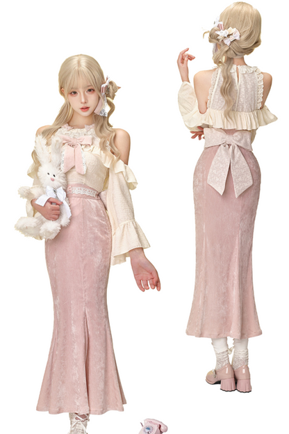 Sweet Apricot Ruffle Top & Pink Long Skirt