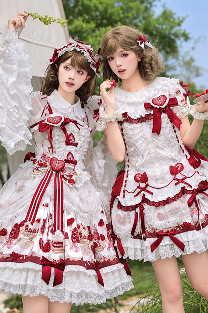 【11月4日予約締切】Strawberry Print Sweet Lolita Lace Bow JSK Dress + Puff Sleeve Lace Bow Doll Dress with Bone Embroidery Apron