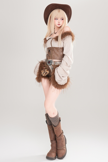 Y2Kファーオフショルダーニットトップス