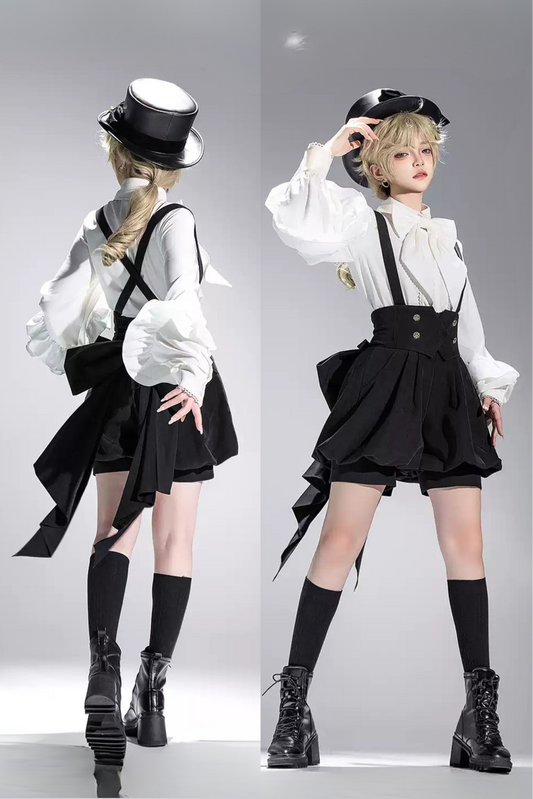 【予約商品】レトロエレガントダークキュートプリンスリボンシャツ＋テールショートパンツ