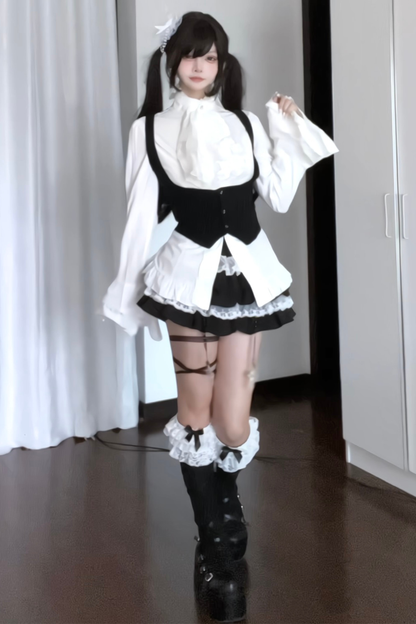 フリルフライングスリーブトップス+ケーキスカート