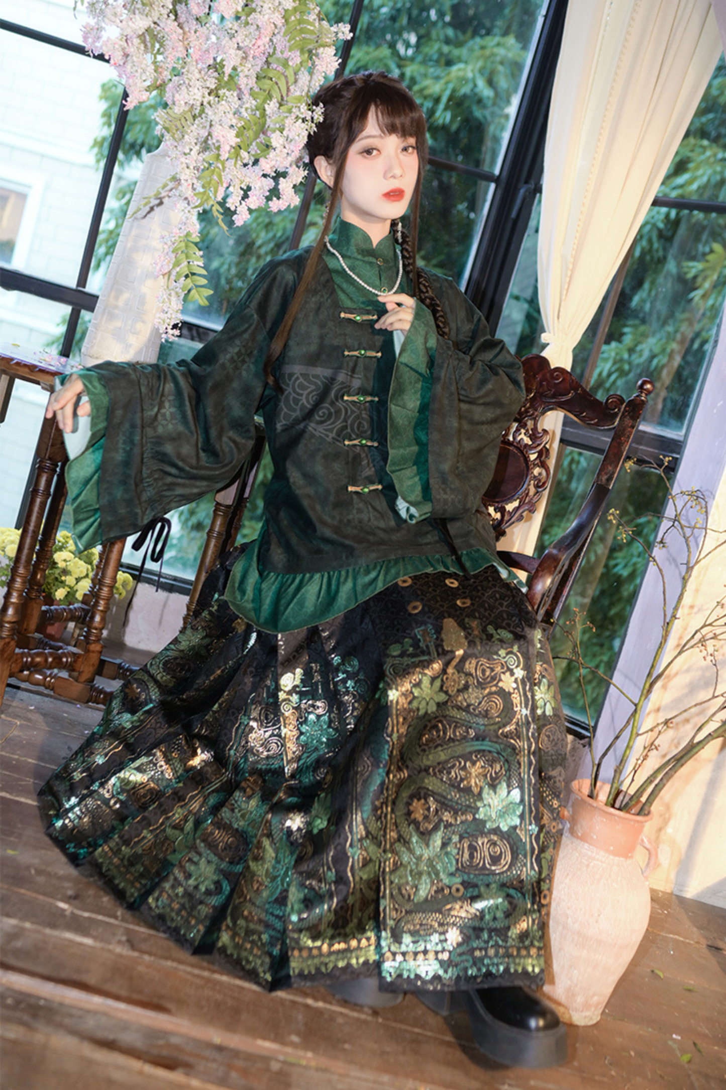 Dark China Flared Sleeve Top