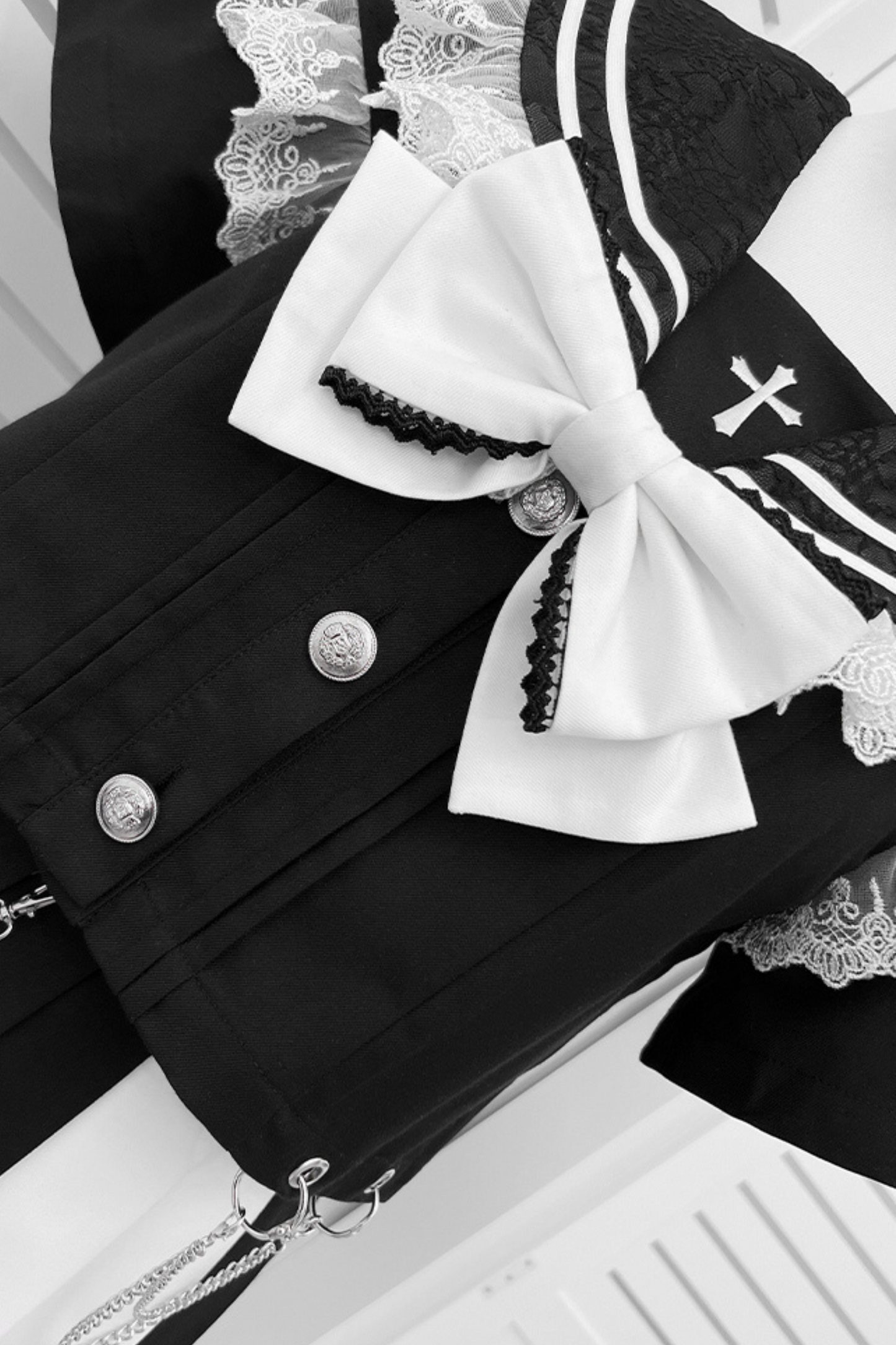 ダークガールカレッジセーラートップス+スカート+リボン+スカートチェーン