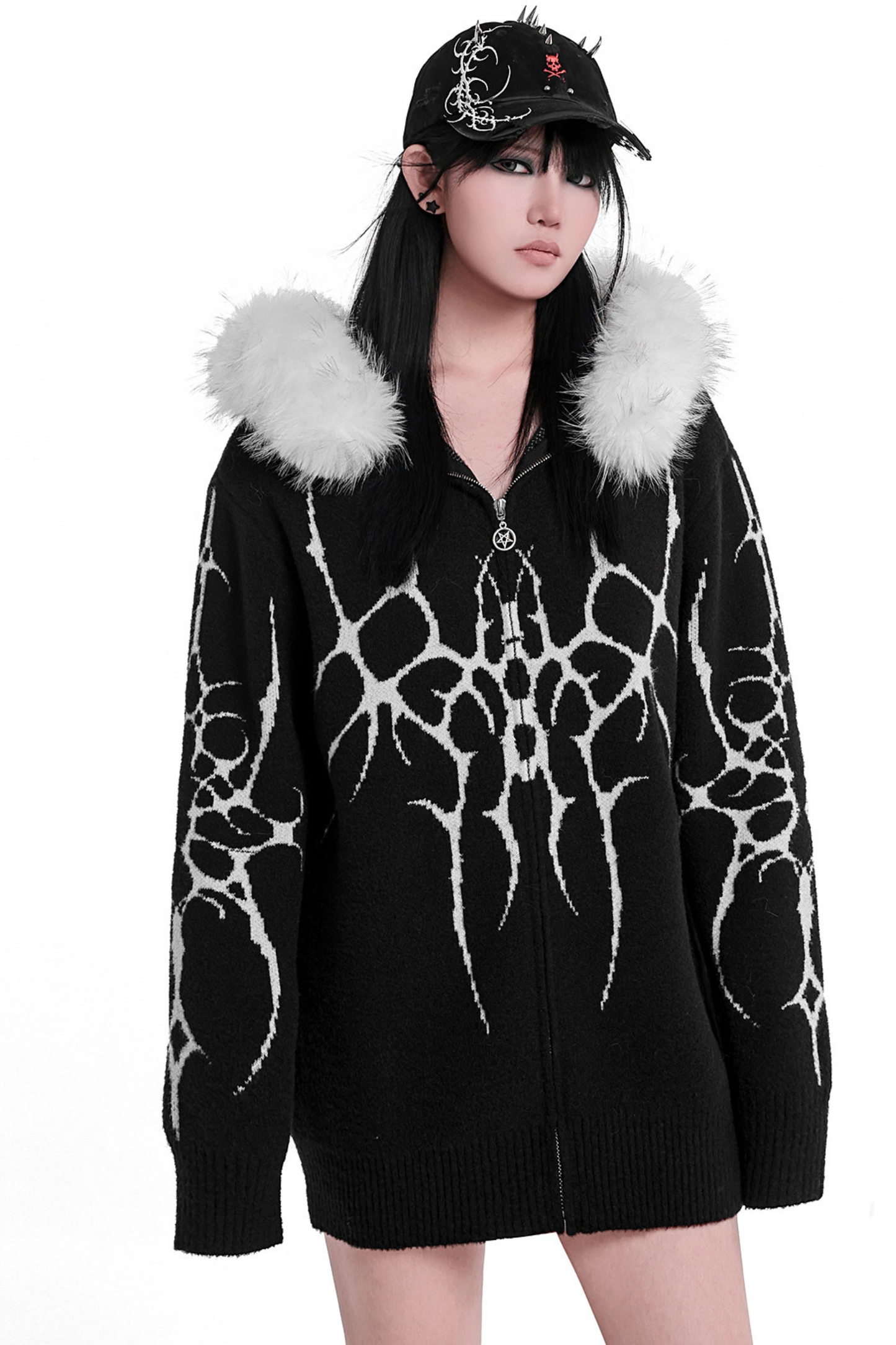 ゴシックファーフードルーズジップカーディガン