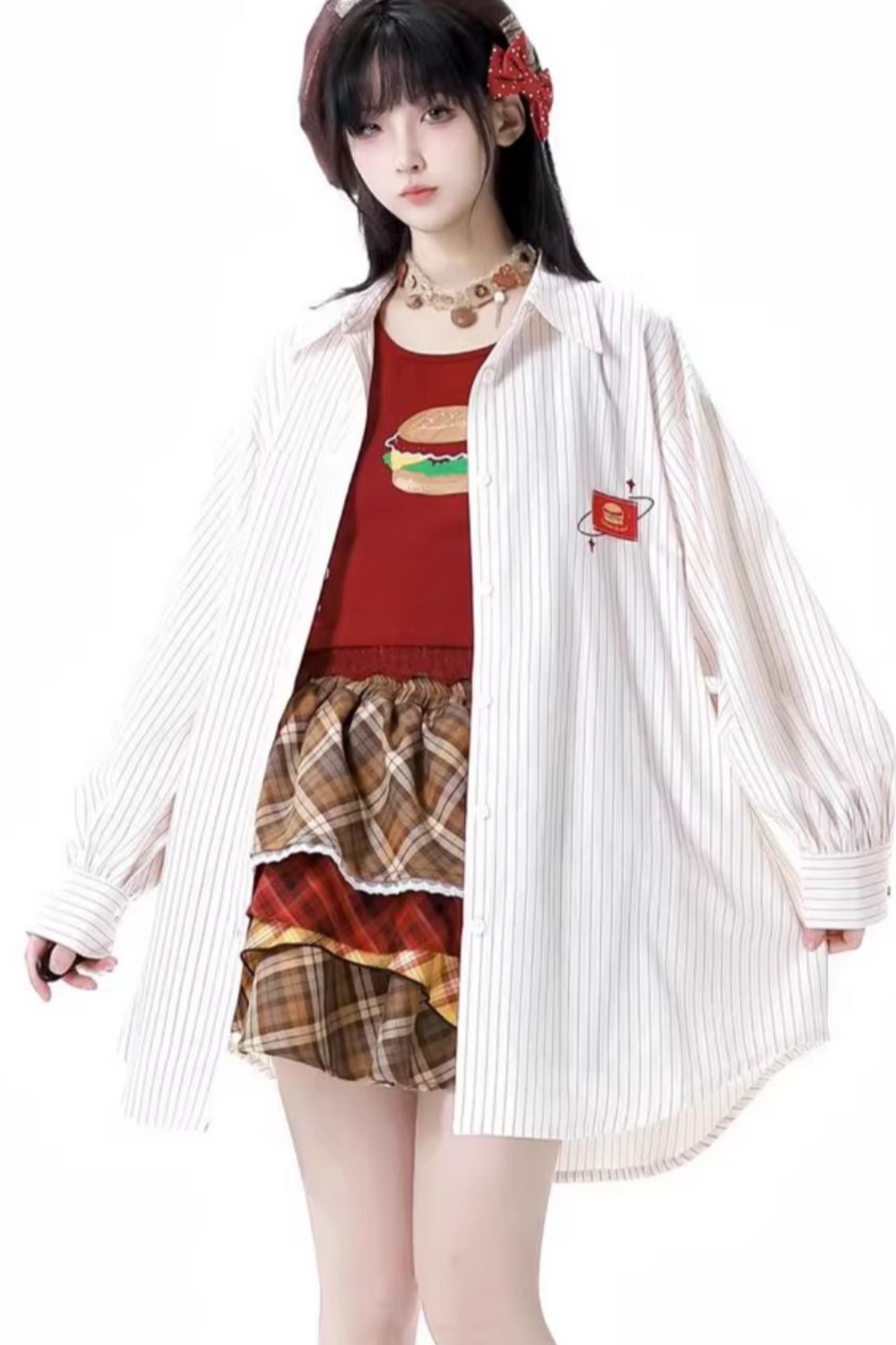 オーバーシャツ＋ノースリーブトップス＋ケーキスカート