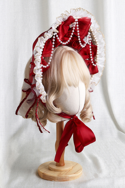 ローズレースロリータボンネット+ハット+ヘアバンド+クリップハット+クラウン