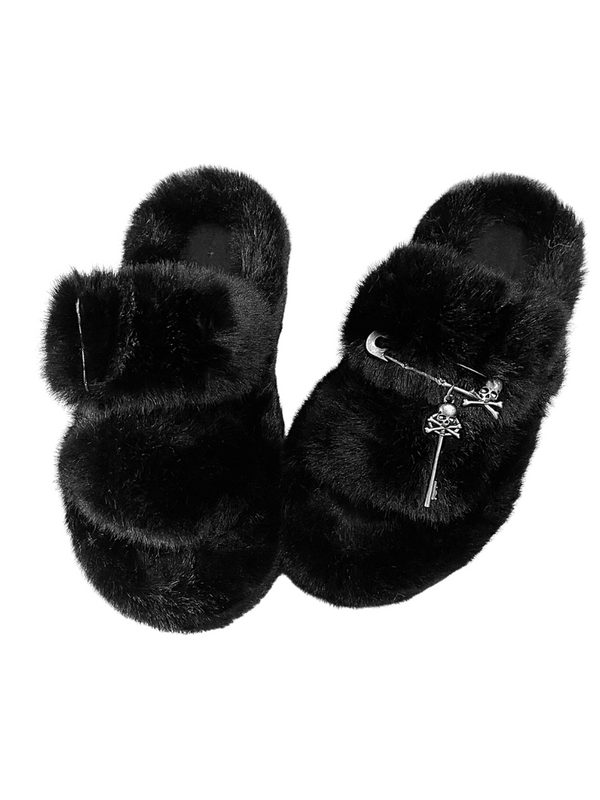 クリームブラックメタルスカルピンファーリープラットフォームスリッパ