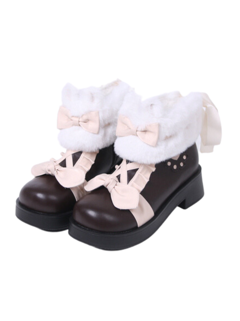 Snow Lolita Mid Heel Color Block Ribbon Sweet Velvet Short Boots