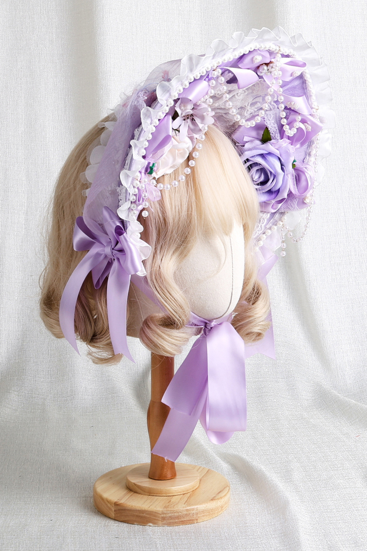 パープルブライダルリボンフラワーボンネット+ハットクリップ+ヘアバンド+リボンクリップ+スリーブ