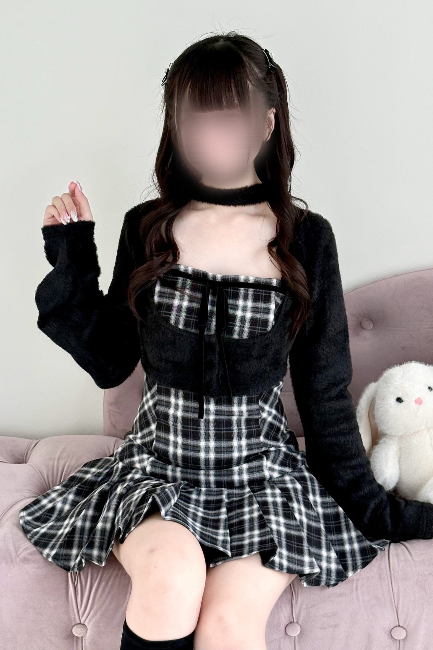 チェックフレアドレス+ショートカーディガン