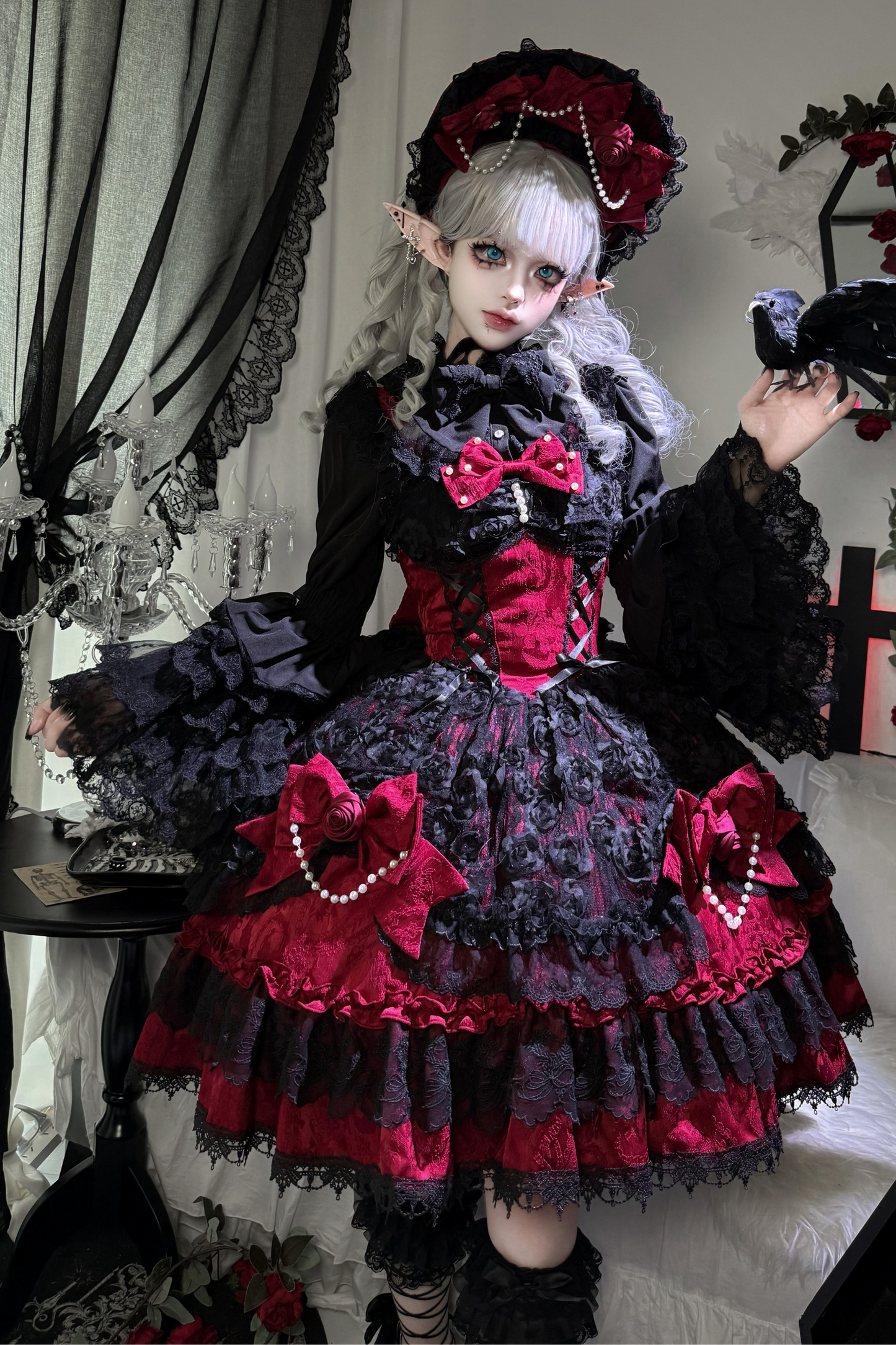 ローズフリルプリンセスジャンパースカート+バッグリボン+ボンネット