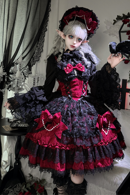 ローズフリルプリンセスジャンパースカート+バッグリボン+ボンネット