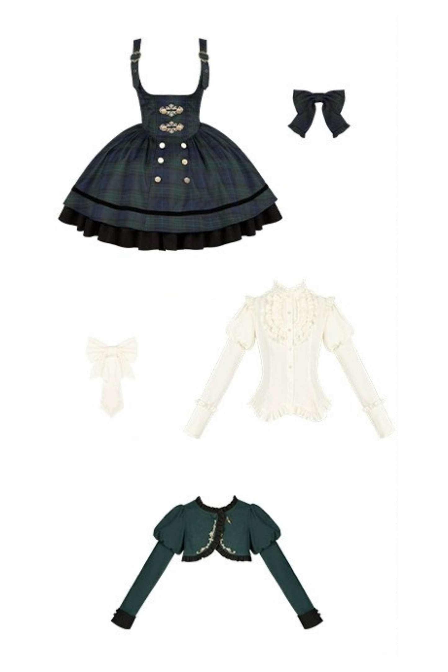 レトロカレッジスタイルチェックロリータスカート＋ジャケット＋マント＋ブラウス＋リボン＋ネックレス