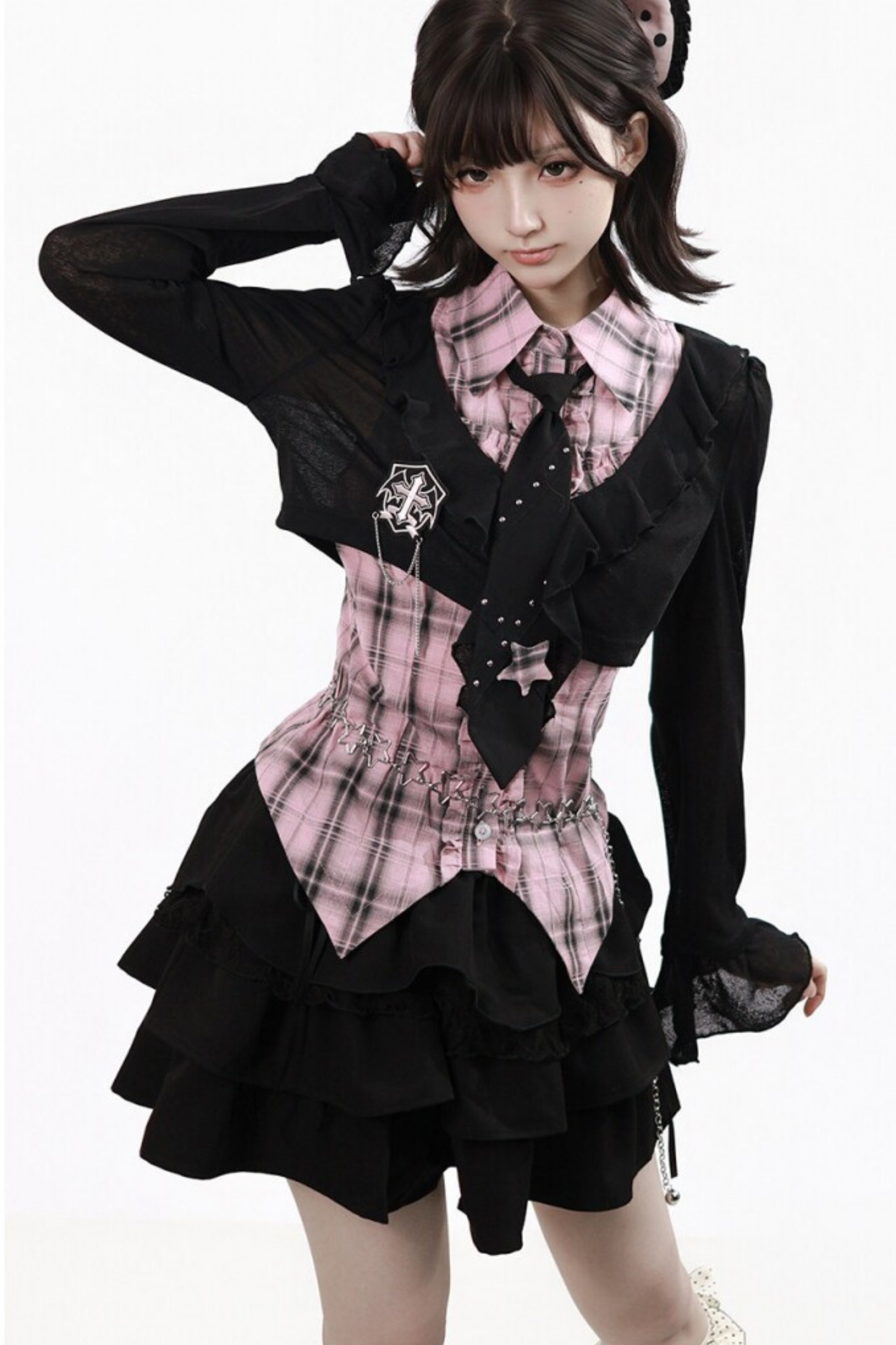Plaid Sleeveless Shirt + Top + Tiered Skirt