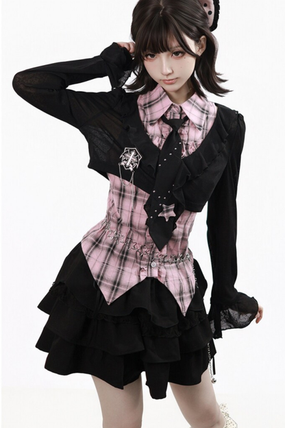 Plaid Sleeveless Shirt + Top + Tiered Skirt