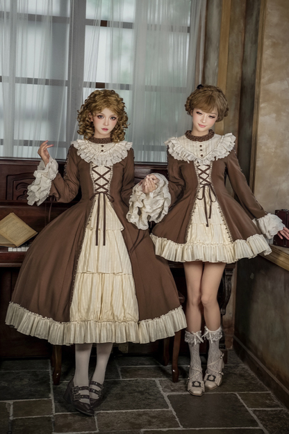 レーススタンドカラーフレアスリーブツインドールロリータドレス+カラー+ハット