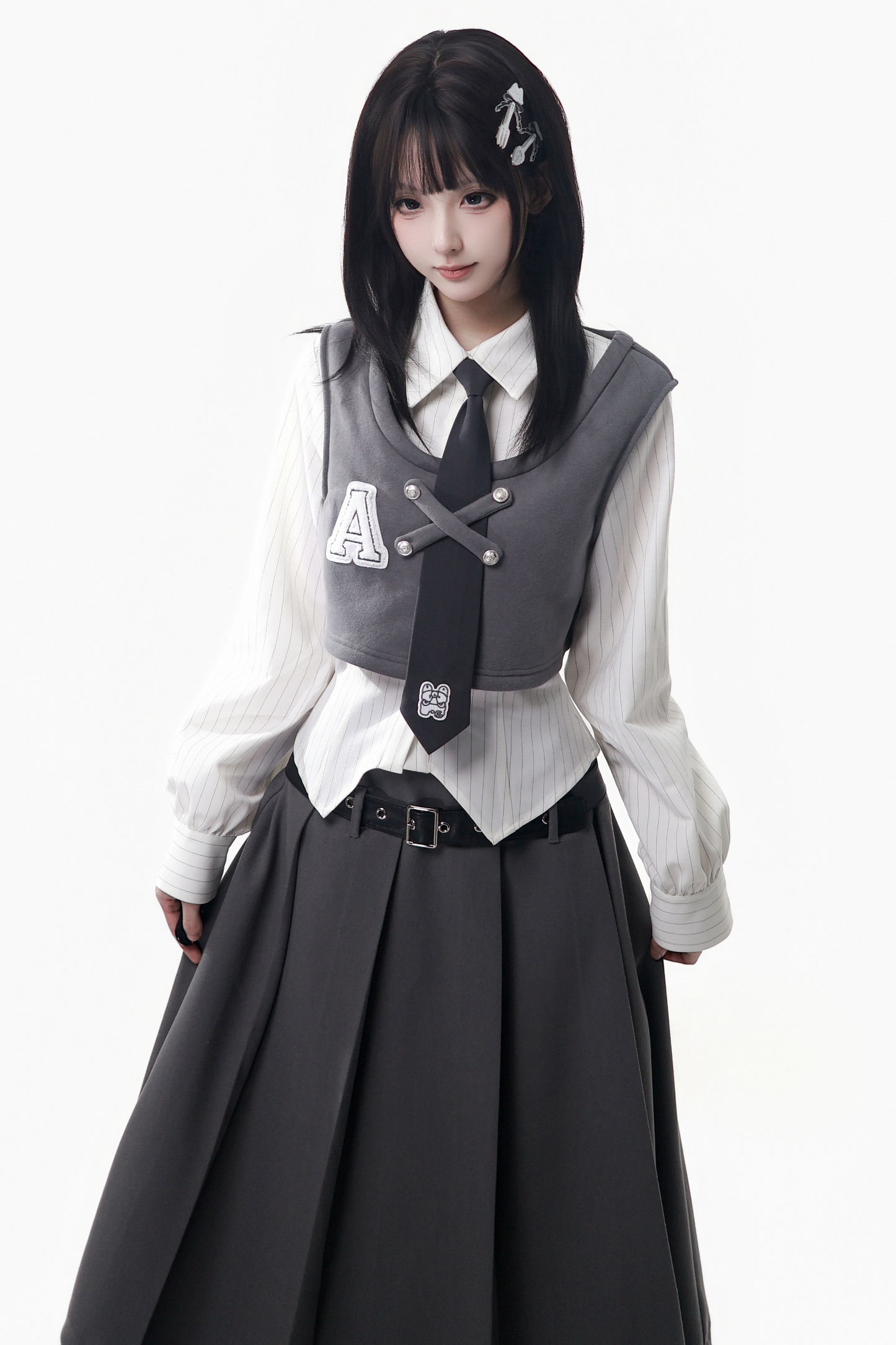 ストライプコート+シャツ+ベスト+ロングスカート