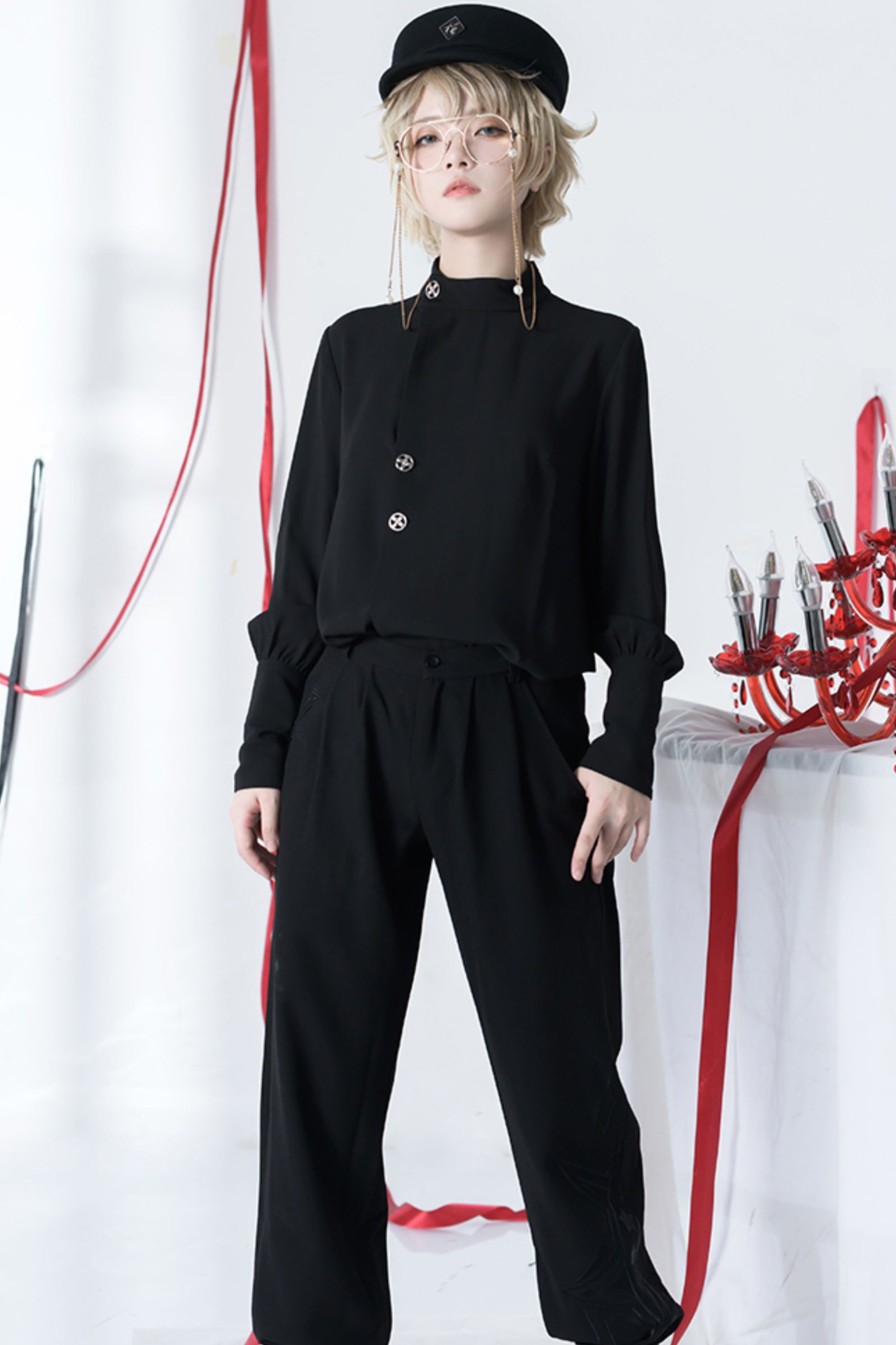 レトロモードスタンドカラーブラウス