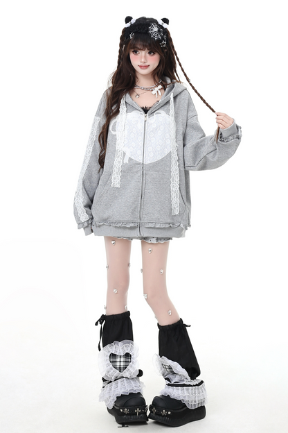 Lace Design Casual Sweet Hooded Hoodie