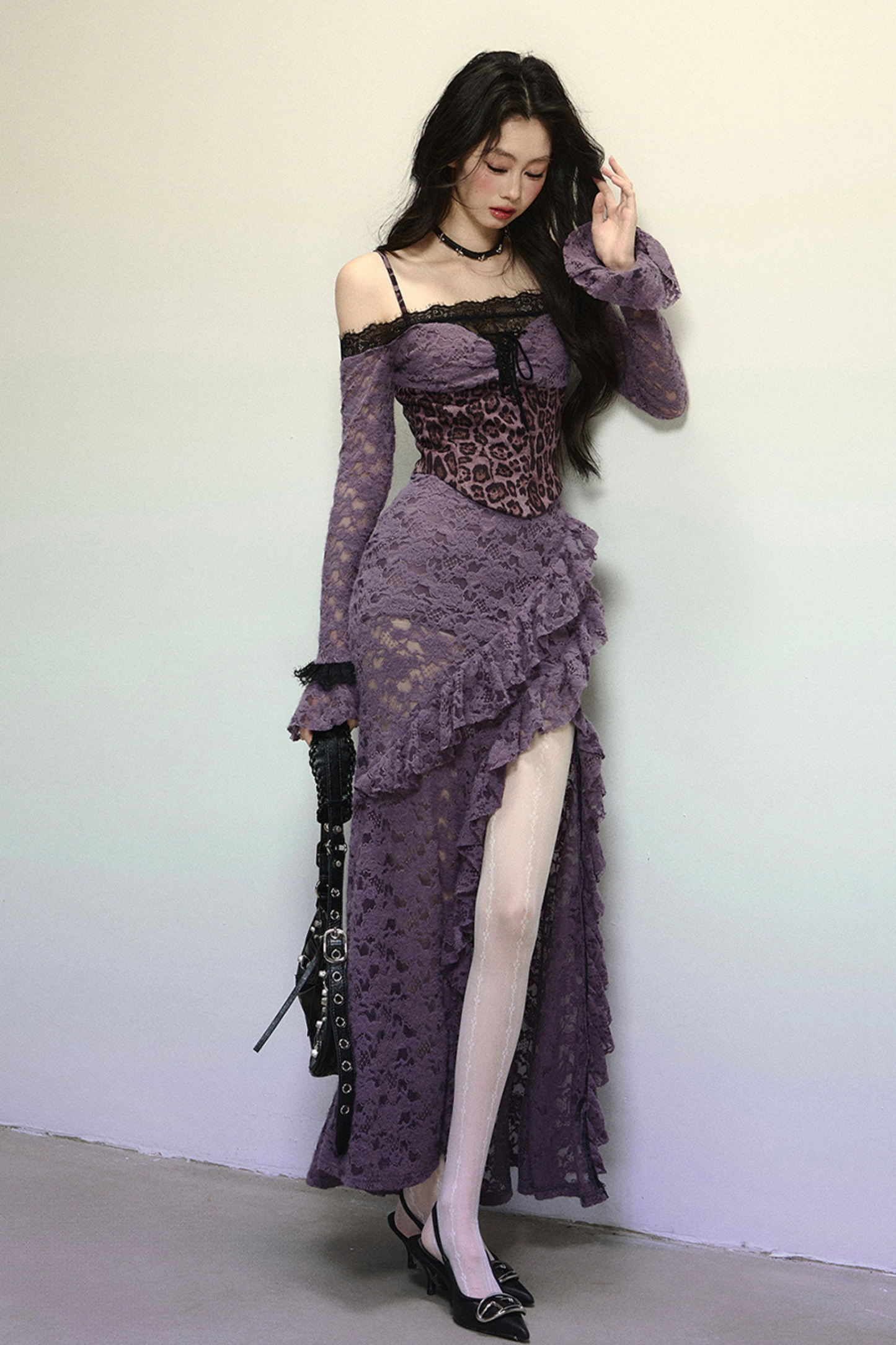 [Reservations] Oriental Purple Kite One-Shoulder High-End Lace Dress