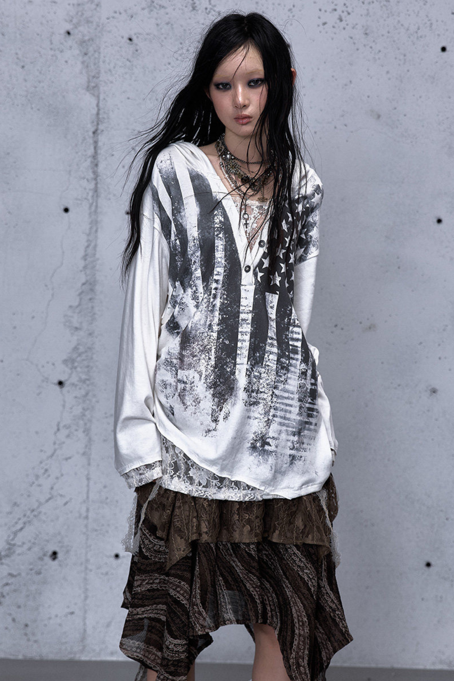 레이스 패치워크 루즈핏 후드 파카