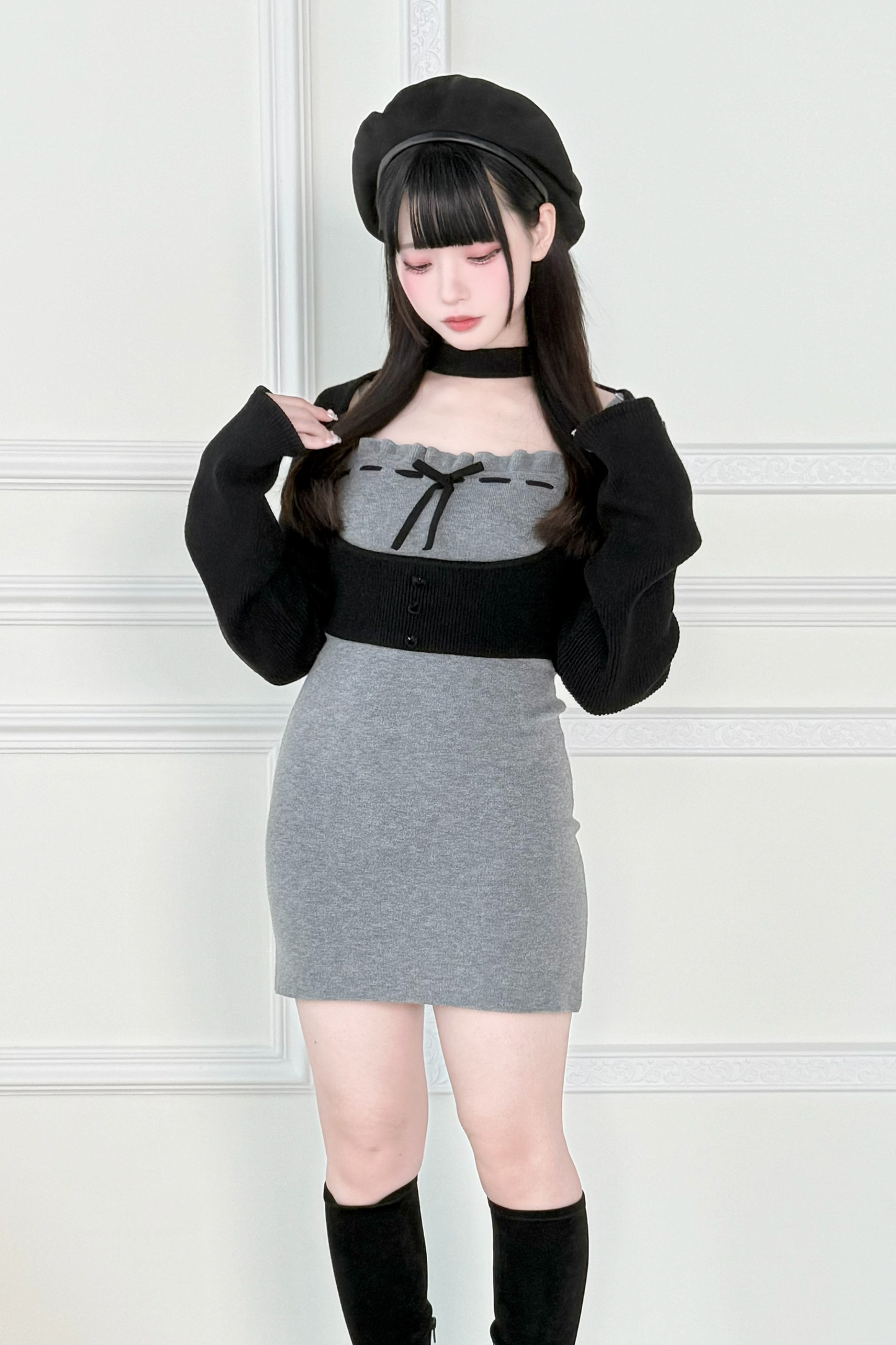 ショートニットカーディガン+タイトドレス