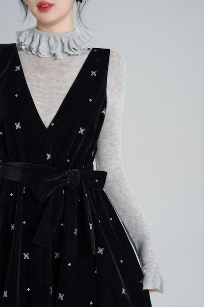 フレンチブラックベルベットリボンバルーンドレス