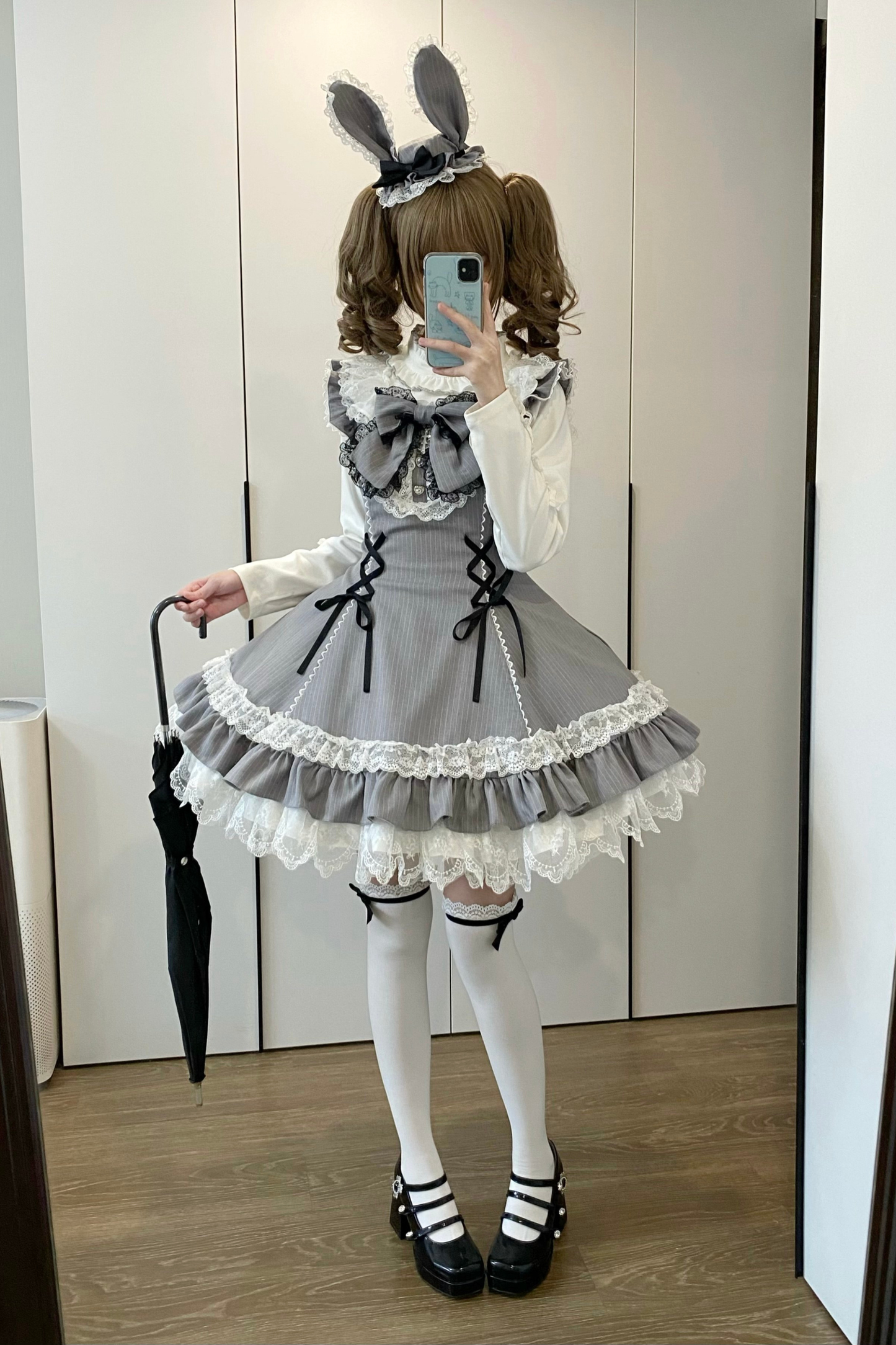 スイートロリータストライプジャンパースカートス+ラビットハット