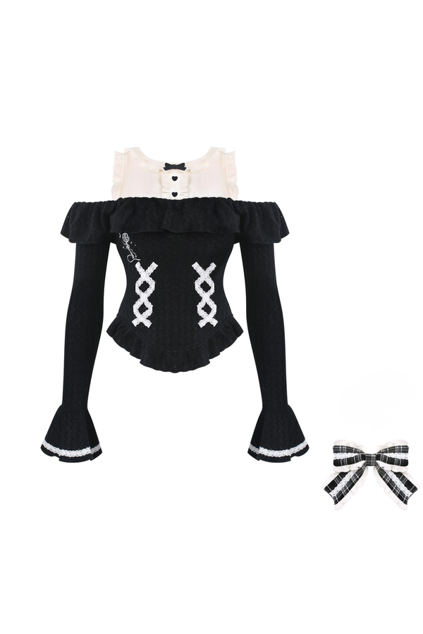 レースアップキュートトップス+チェックスカート