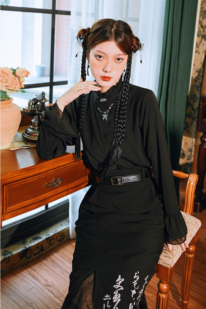 Metal button stand collar shirt