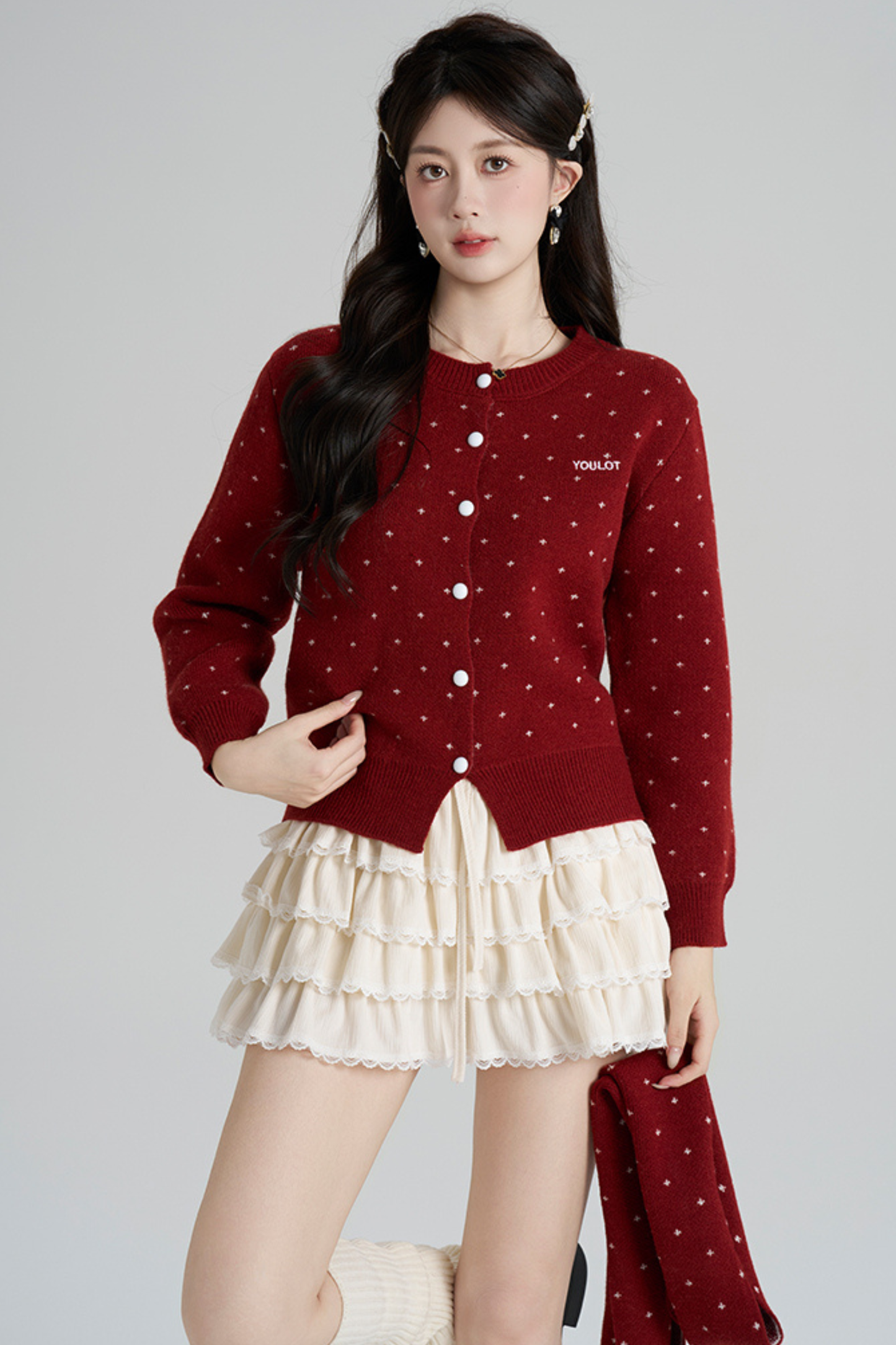 フレンチスタイルドットマフラー付きンカーディガン