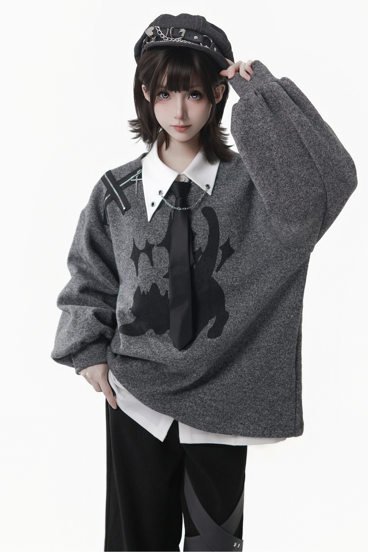 グレーウィンタープレッピーカレッジロングトップス+ショートトップス+スカート+パンツ+シャツ